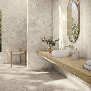 Revestimiento Canyon Beige 30 x 90 cm y Duomo Canyon Beige 30 x 90 cm. Pavimento Canyon Beige 120 x 120 cm